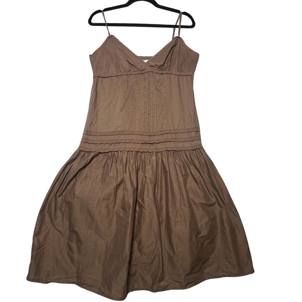 Brown Khaki Romantic Drop Waist Spaghetti Strap Dress 100% Cotton Womens Size 12